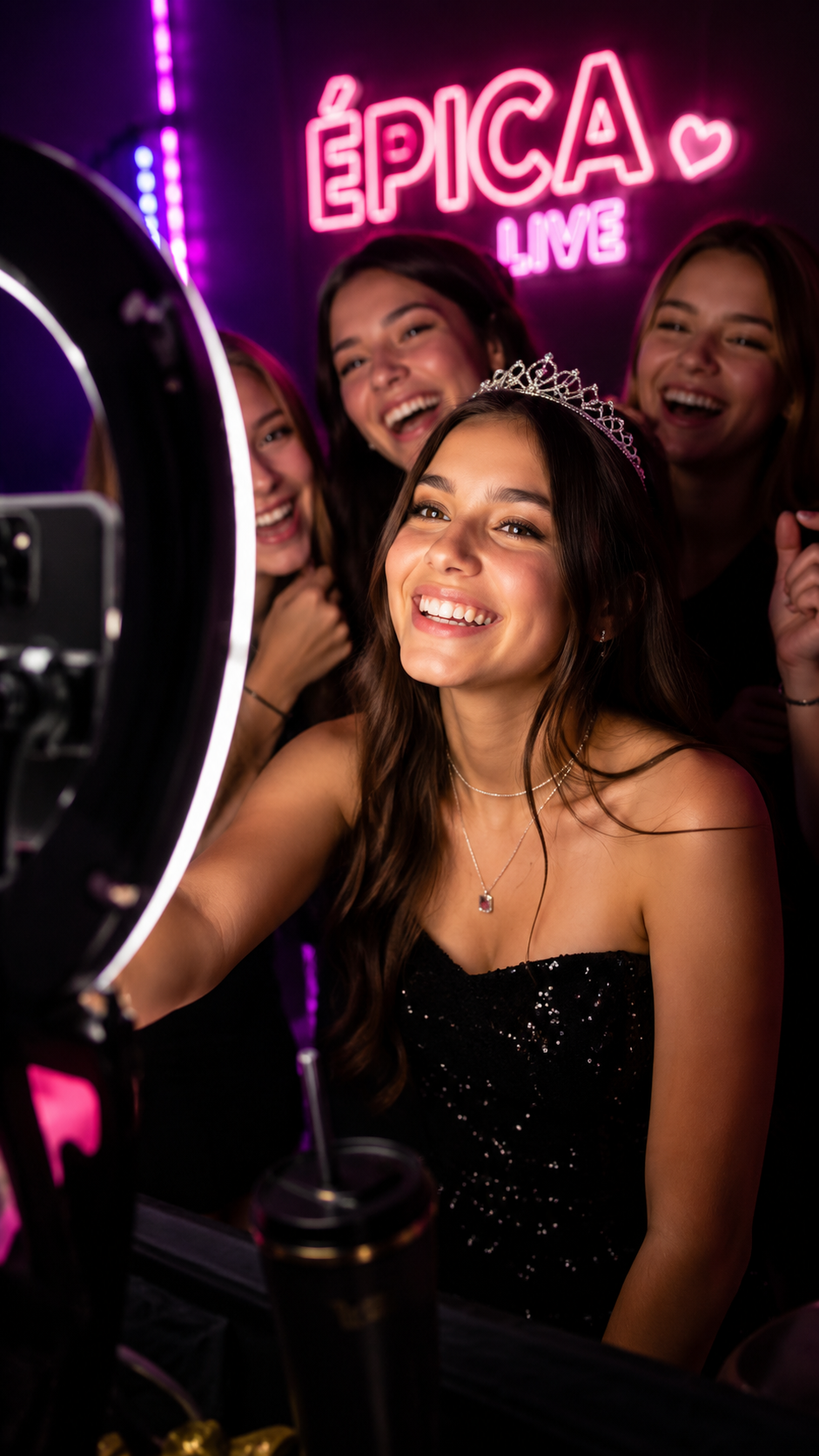 Quinceañera y amigas en el set, riendo a cámara