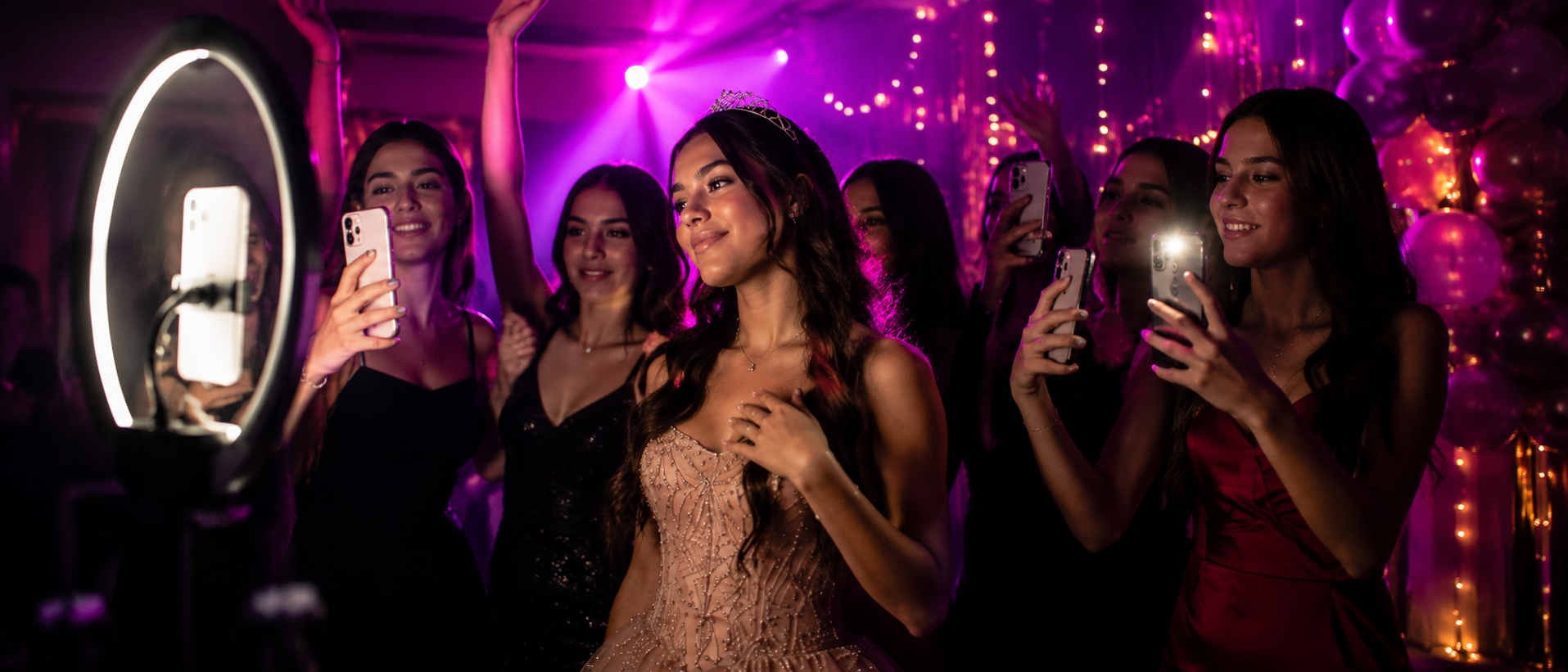 ÉPICA Influencer — amigas filmando a la quinceañera en vivo